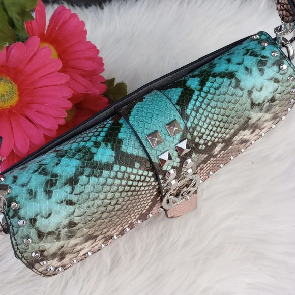 Michael Kors Greenwich Ombre Ocean Blue Studded Snakeskin Leather Shoulder Bag